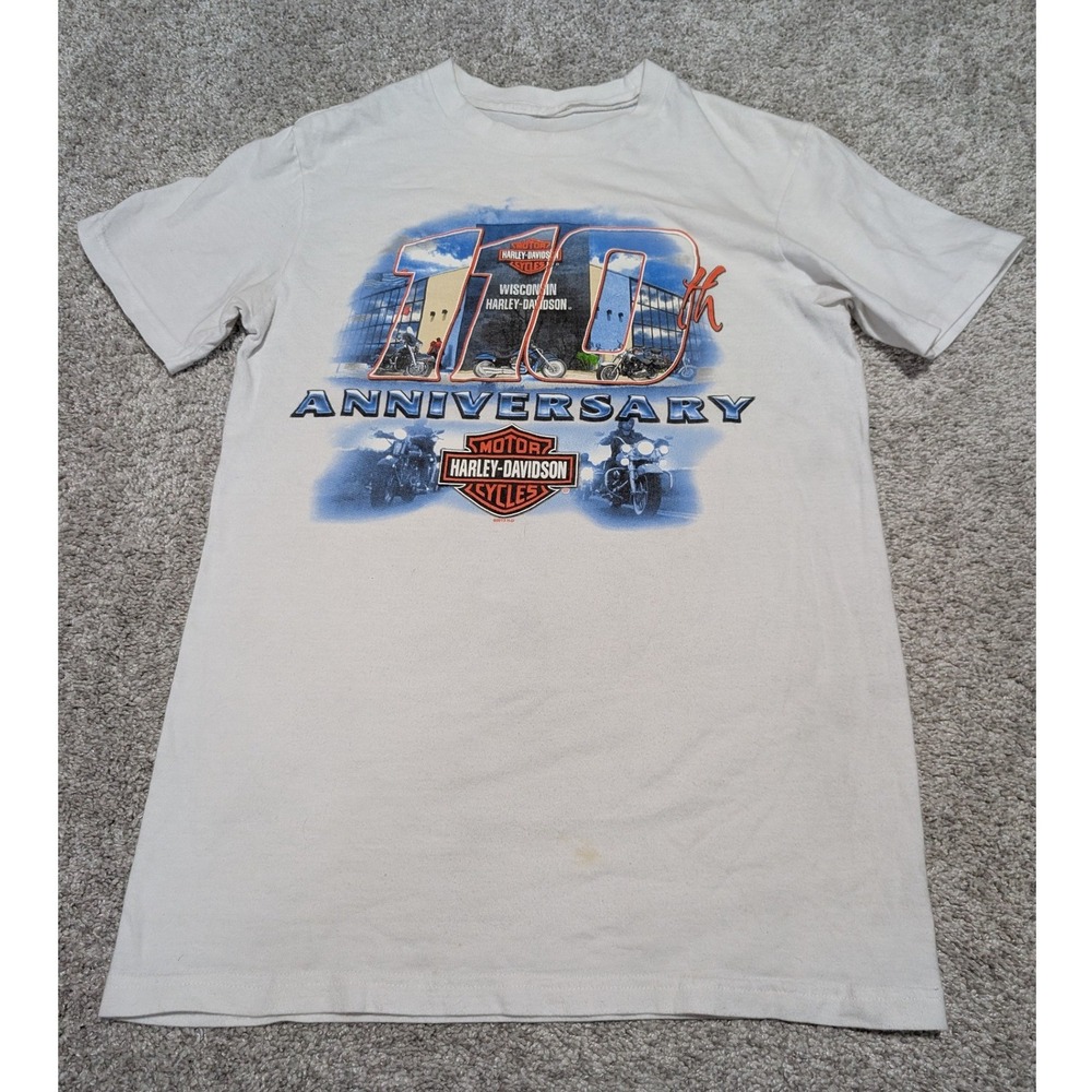 Harley-Davidson T-Shirt Womens Small White 110th Anniversary Wisconsin Biker Tee